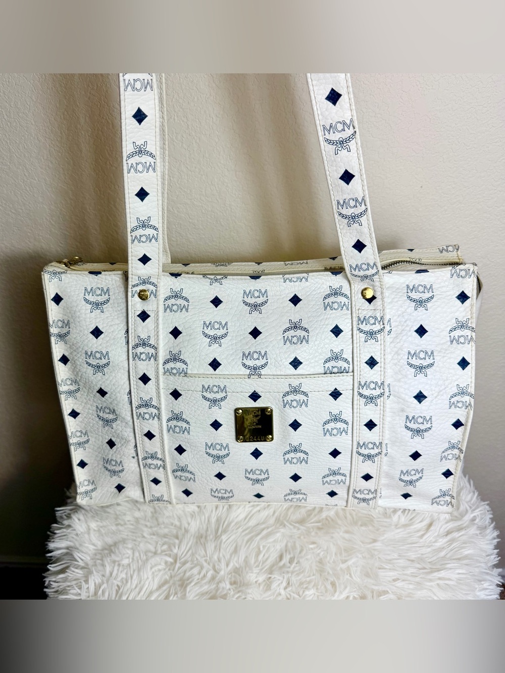MCM Munchen Large White Visetos Tote With Navy Logo